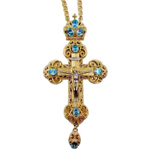 Хрест православний наперсний для священика латунний позолочений із прикрасами та ланцюгом - 2.10.0147лп^1лп