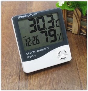 Термометр гігрометр з годинником і будильником HTC-1 батарейка в комплекті