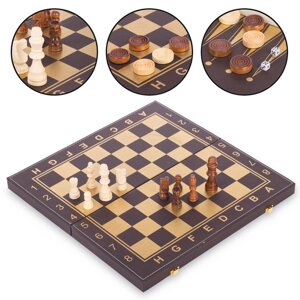Шахи, шашки, нарди 3 в 1 кожзам L3508 (фігури-дерево, р-р дошки 34х34см, чорний-золотий)