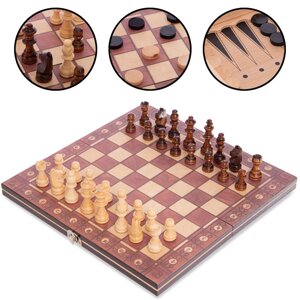 Шахи, шашки, нарди 3 в 1 дерев'яні з магнітом W7702H (фігури-дерево, р-р дошки 29см x 29см)