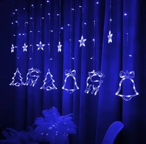 Світлодіодна завіса з формами дзвіночок, ялинка, олень Синій Гірлянда на вікно | Новорічна гірлянда