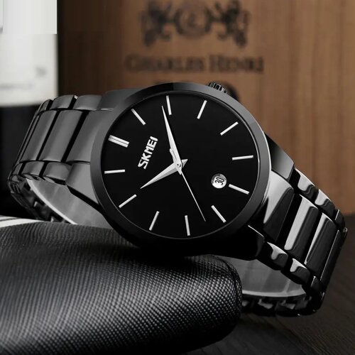 Годинник чоловічий чорний металевий з датою Skmei 9140 Чоловічий круглий наручний годинник кварцовий на браслеті