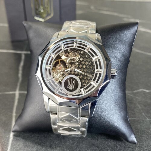 Годинник чоловічий сталевий з браслетом механічний, Сріблястий годинник наручний для чоловіка патріотичний з Гербом