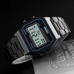 Чорний наручний годинник чоловічий електронний підсвічування будильник секундомір Skmei квадратний сталевий годинник на