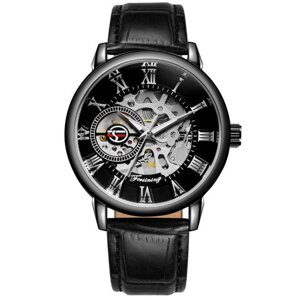 Чорний наручний годинник чоловічий механічний Скелетон, наручний годинник круглий класичний з ремінцем Forsining