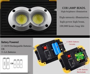 Ліхтар прожектор світлодіодний акумуляторний USB аварійна лампа кемпінгова ручна підвісна COB LED 20 вт