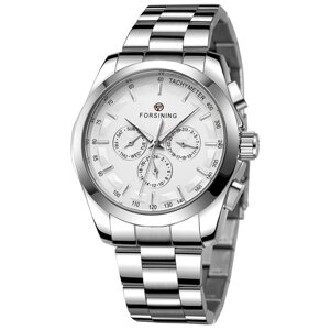 Механічний чоловічий годинник з білим циферблатом сталевий Forsining, сріблястий годинник час дата день тижня