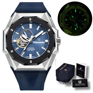 Механічний чоловічий годинник із синім циферблатом на шкіряному ремінці водонепроникний Pagani Design PD-YN010