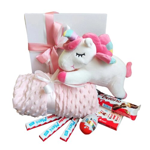 Дитячий подарунковий набір для дівчинки з м'якою іграшкою єдиноріг та пледом (GB-003)