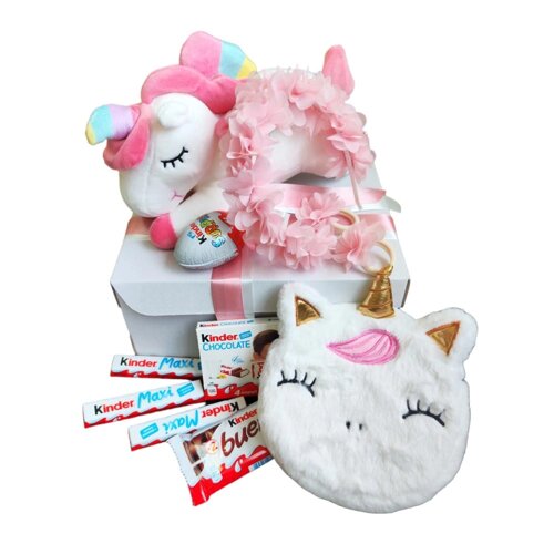 Дитячий подарунковий набір для дівчинки з м'якою іграшкою єдиноріг, сумочкою, резинками та обручем (GB-004)