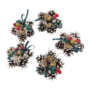 Набір новорічних ялинкових прикрас сніжинки із натуральних шишок та декором 5 шт (NY16)