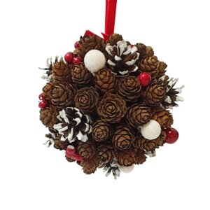 Різдвяна декоративна куля з натуральних шишок та декором із червоних ягід (NY9)