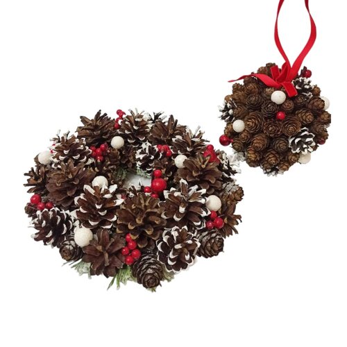 Різдвяний вінок і куля з натуральних шишок та декором із червоних ягід (NY10)