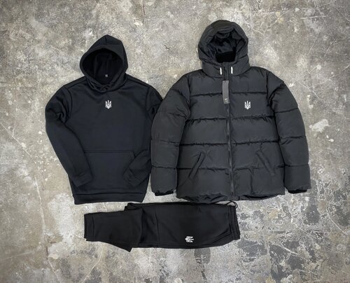 Комплект 3 в 1 Куртка зимова чорна + спортивний костюм з Гербом худі та штани чорного кольору з начосом