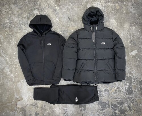 Комплект 3 в 1 Куртка зимова чорна + спортивний костюм The North Face кофта на змійці та штани чорного кольору