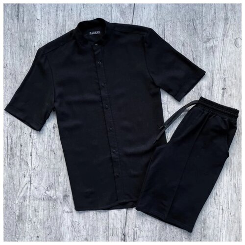 Чоловік річний комплект чорна лляна сорочка + чорні шорти зі стрілкою