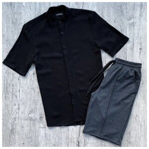 Чоловік річний комплект чорна лляна сорочка + сірі шорти зі стрілкою