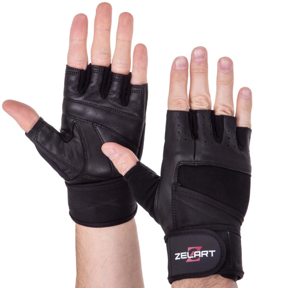 Перчатки для тяжелой атлетики кожаные Zelart SB-161094 S-XXL черный ##от компании## Спортивный интернет - магазин "One Sport" - ##фото## 1