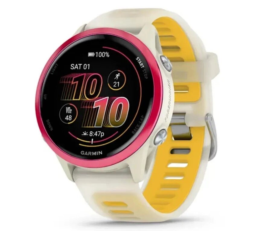 Смарт-годинник Garmin Forerunner 570 (42 мм), малиновий алюмінієвий безель з ремінцем кольору слонової кістки/манго від компанії Garmin - фото 1