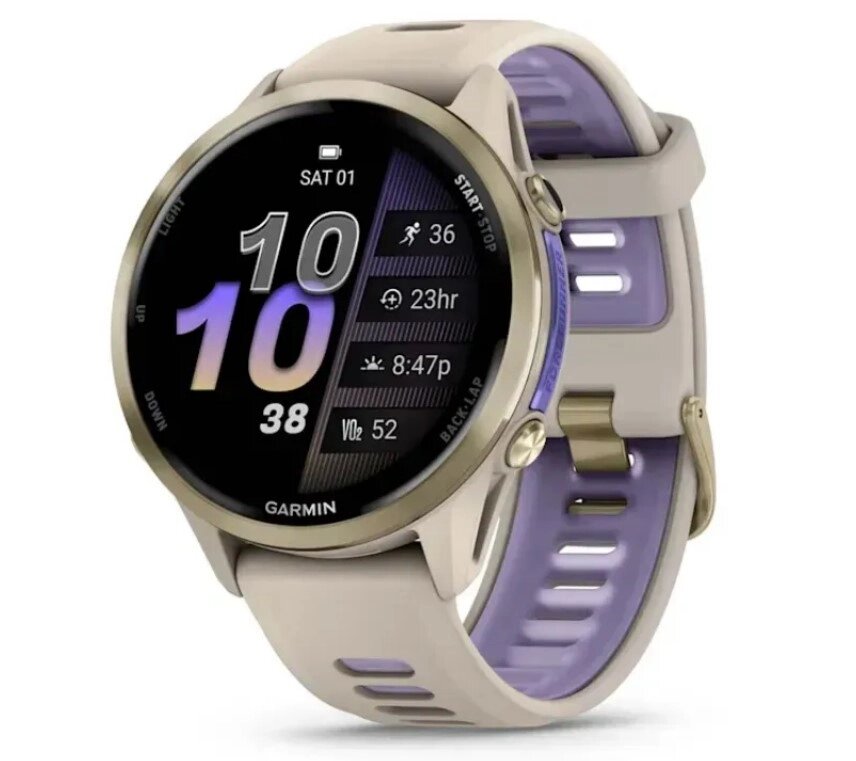 Смарт-годинник Garmin Forerunner 970 із золотистим титановим безелем, сірим корпусом і ремінцем франц. сірий/індиго від компанії Garmin - фото 1