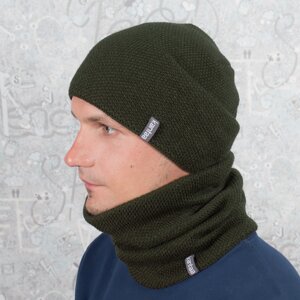 Комплект: в’язана шапка зі снудом на флісі Luxyart КАНТА універсальний унісекс 50-60 Темна олива (OC-462)