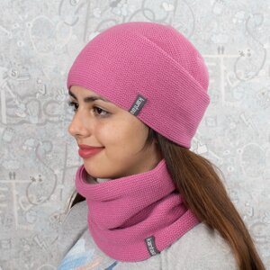 Комплект: в’язана шапка зі снудом на флісі Luxyart КАНТА універсальний унісекс 50-60 Роза (OC-471)