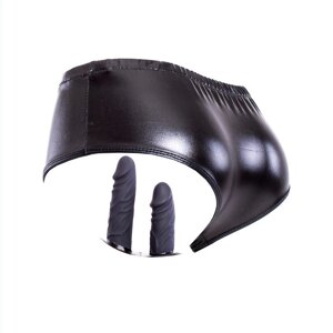 Подвійний ремінний реалістичний страпон силіконовий чорного кольору Bdsm4u Talla