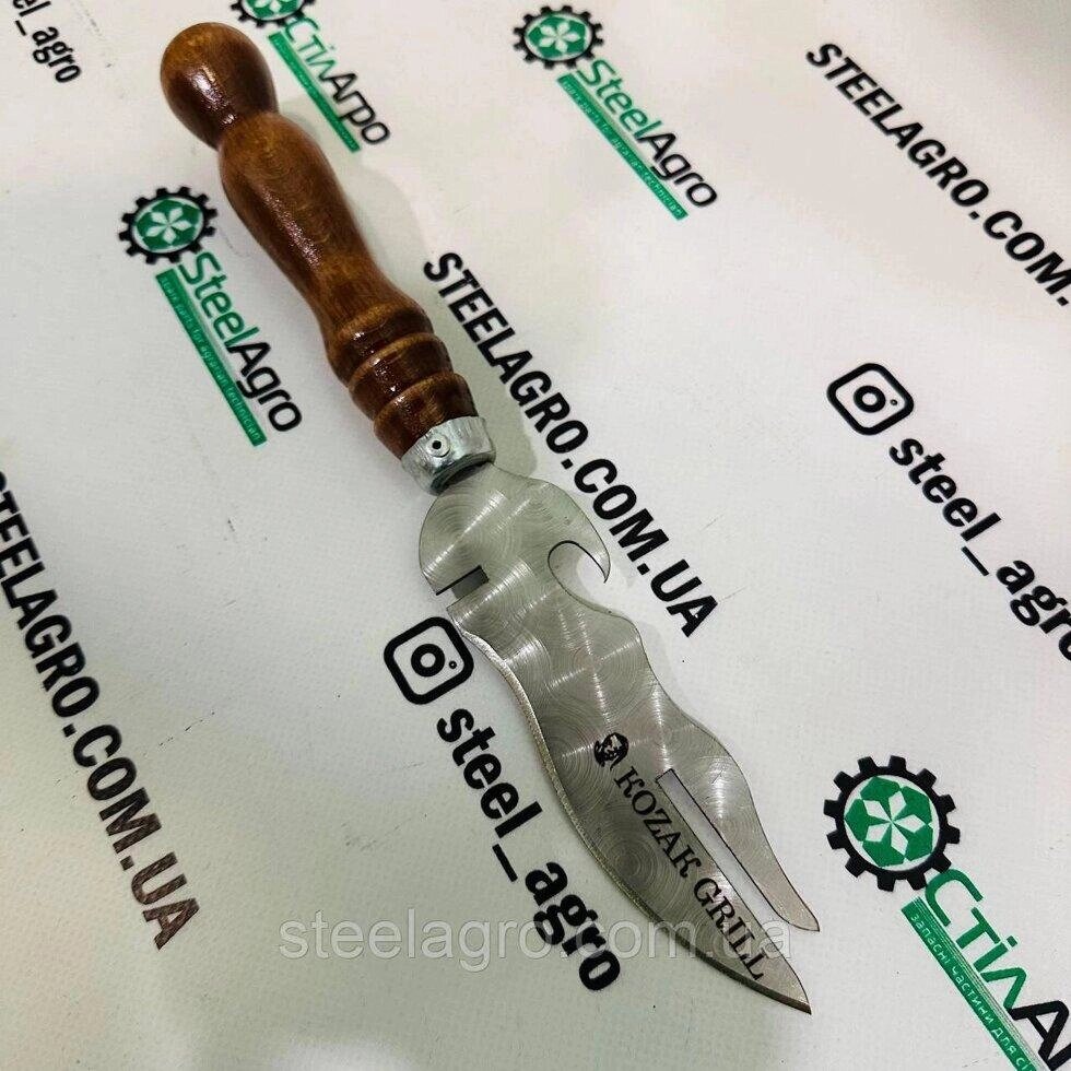 Багатофункціональна виделка для зняття м'яса і шашлику + відкривачка + ніж світло коричнева ручка Kozak Grill від компанії greencard - фото 1