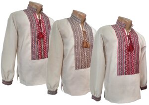 Модна чоловіча вишиванка кольору льону на довгий рукав із геометричним орнаментом Код/Артикул 06013