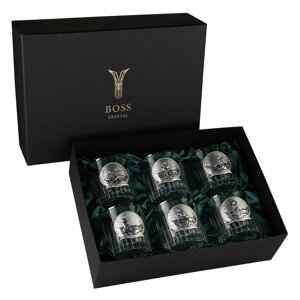 Набір для віскі “FISHERMAN” 6 келихів 360 мл, кришталь з платиною, зображення зі срібла з позолотою Код/Артикул