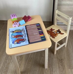 Стільчик із шухлядою і стілець дитячі жовтий оленя. Для гри, навчання, малювання. Код/Артикул 115 5441-4043