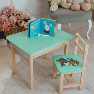 Стіл із шухлядою і стілець зелений із зображенням зайчик дитячий . Для гри, навчання, малювання, гри. Код/Артикул 115