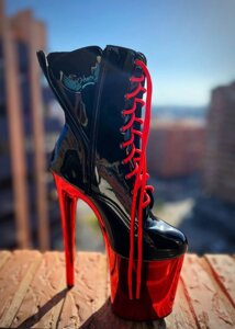 Лакові стріпи - черевики трійки чорно-червоні для pole dance, pole exotic, strip dance