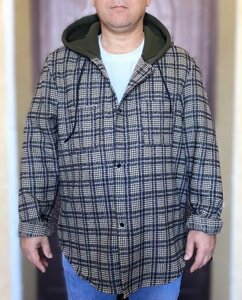 Чоловіча тепла сорочка в клітку з капюшоном, розмір 2XL (ОГ 128–136 см)