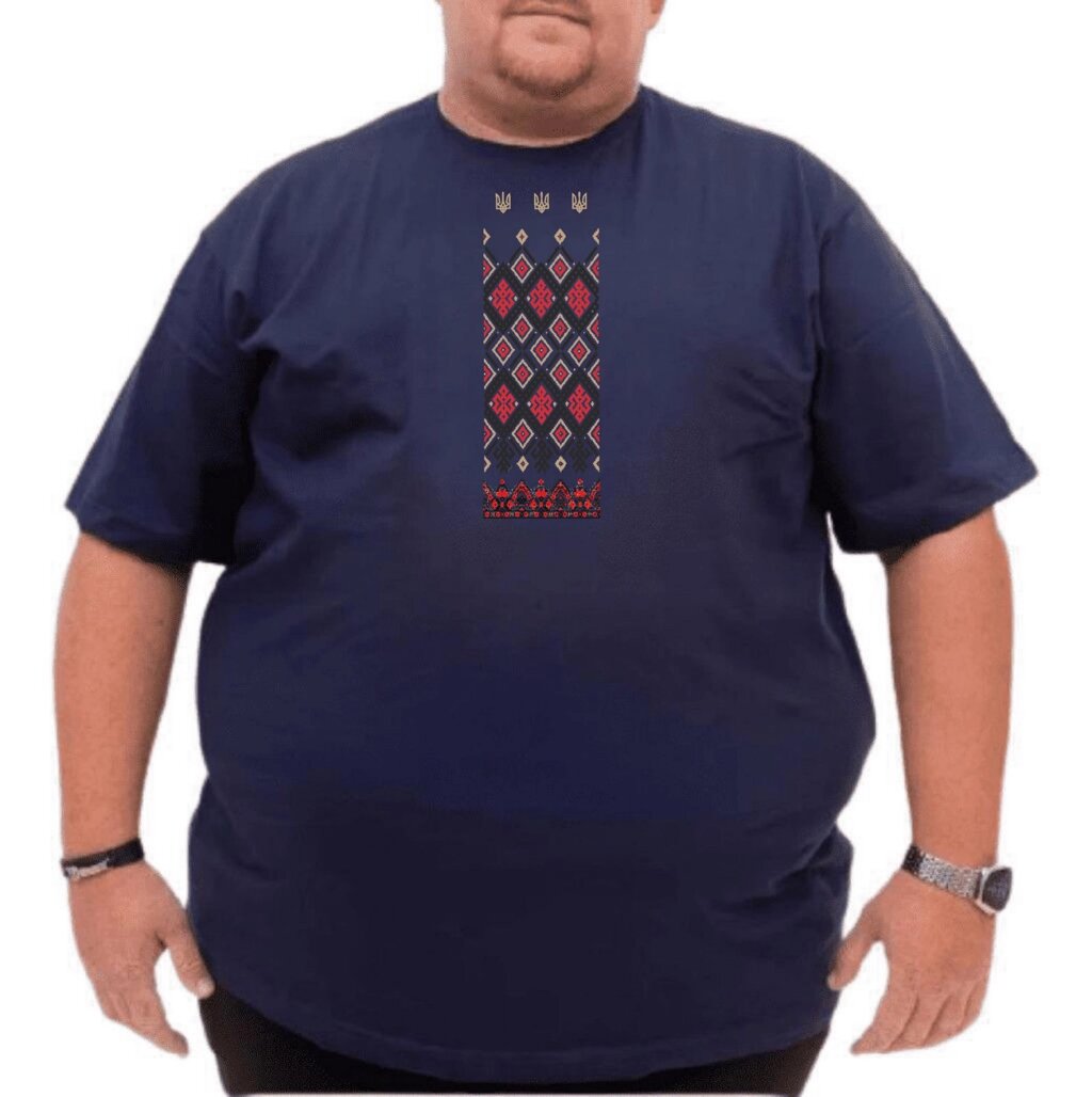 Синя чоловіча футболка з принтом у вигляді вишиванки від компанії Big Men - фото 1