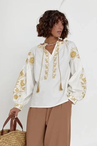 Жіноча вишиванка біла Esq 5444 з довгим рукавом, стильна біла блуза із золотою вишивкою