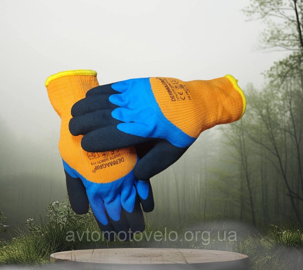 Рукавичкі утеплені синтетичні помаранчові з голубим повним латексним покриттям 10 розмір від компанії Автомотовело - фото 1