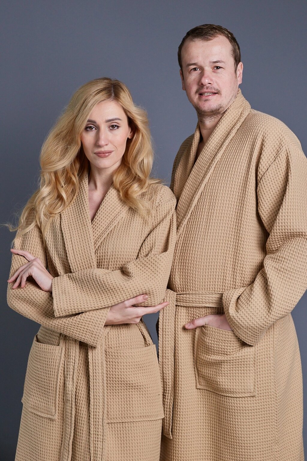 Вафельний халат жіночий XXXL бежевий 100% бавовна 320 г/м2 від компанії IDEAL TEXTILE: махрові рушники, халати, постільна білизна - фото 1