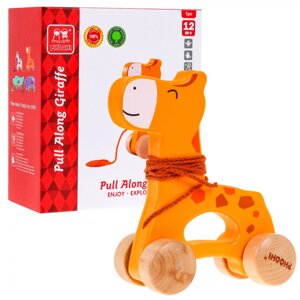 Дерев'яний мінікаталок Жираф на мотузці для дітей 12 м + Іграшка на колесах