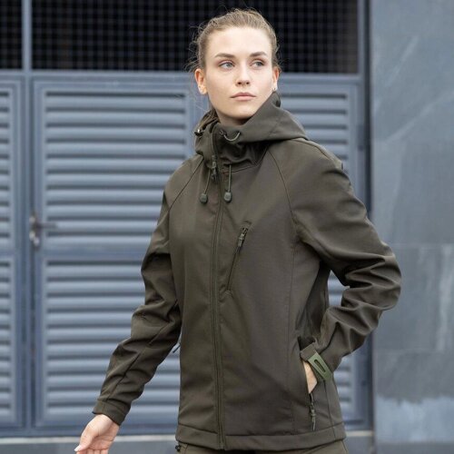 Жіноча Демісезонна Куртка Soft Shell "Pobedov Matrix" з капюшоном олива розмір S