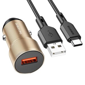 Автомобільний зарядний пристрій BOROFONE BZ19A Wisdom single port QC3.0 car charger set (Type-C) 18W Gold