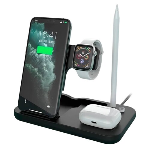 Бездротовий зарядний пристрій 4-в-1 для iPhone/iWatch/Airpods/Apple Pencil/Samsung Black, зарядна док-станція
