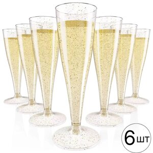 Набір пластикових келихів для шампанського 6 шт преміум класу 133 мл, святкові із золотистими блискітками