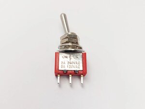 Тумблер MTS-103, 1х3 (3с), 13x7x9.5мм червоний, 1 група, 3 положення, ON-OFF-ON, SP3t, 3 pin, 2A 250VAC