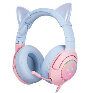 Ігрові навушники Onikuma K9 з мікрофоном і LED RGB-підсвіткою котячі вушка дротові Blue + Pink 3.5