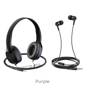 Дротові накладні + вакуумні навушники (комплект) Hoco W24 Premium Чорні з фіолетовим для телефону та комп'ютера