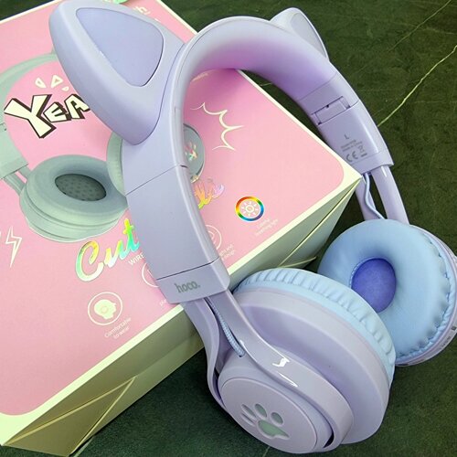 Бездротові Bluetooth-навушники котячі вушка HOCO W39 Cat ears headphones з мікрофоном Purple