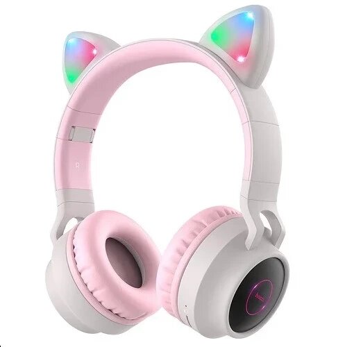Бездротові Bluetooth-навушники котячі вушка Навушники Hoco W27 Cat ear headphones з мікрофоном сіро-рожеві
