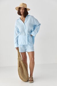 Мусліновий костюм із сорочкою і шортами - блакитний цвет, S (є розміри)