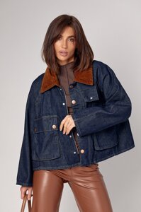 Джинсова куртка з вельветовим коміром та накладними кишенями - темно-синій цвет, M (є розміри)